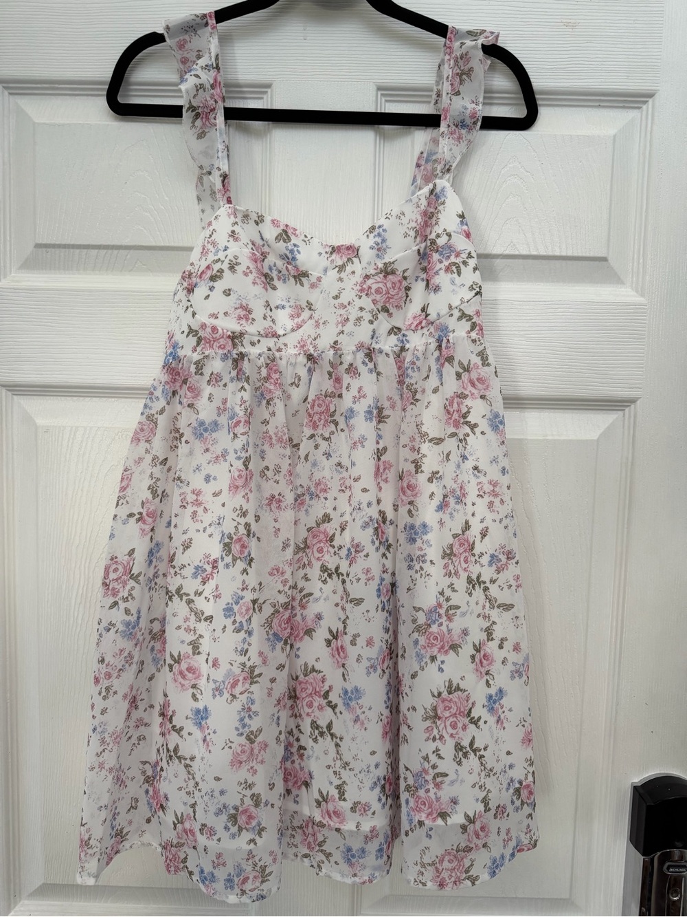 Floral White Summer Sundress with Pink & Blue Roses